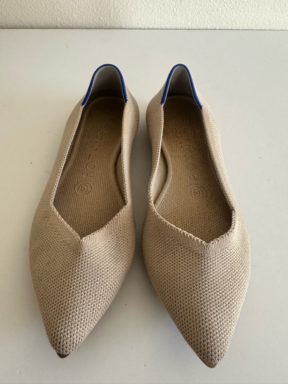 Rothy's Beige Pointed Knit Flats with Blue Heel Trim